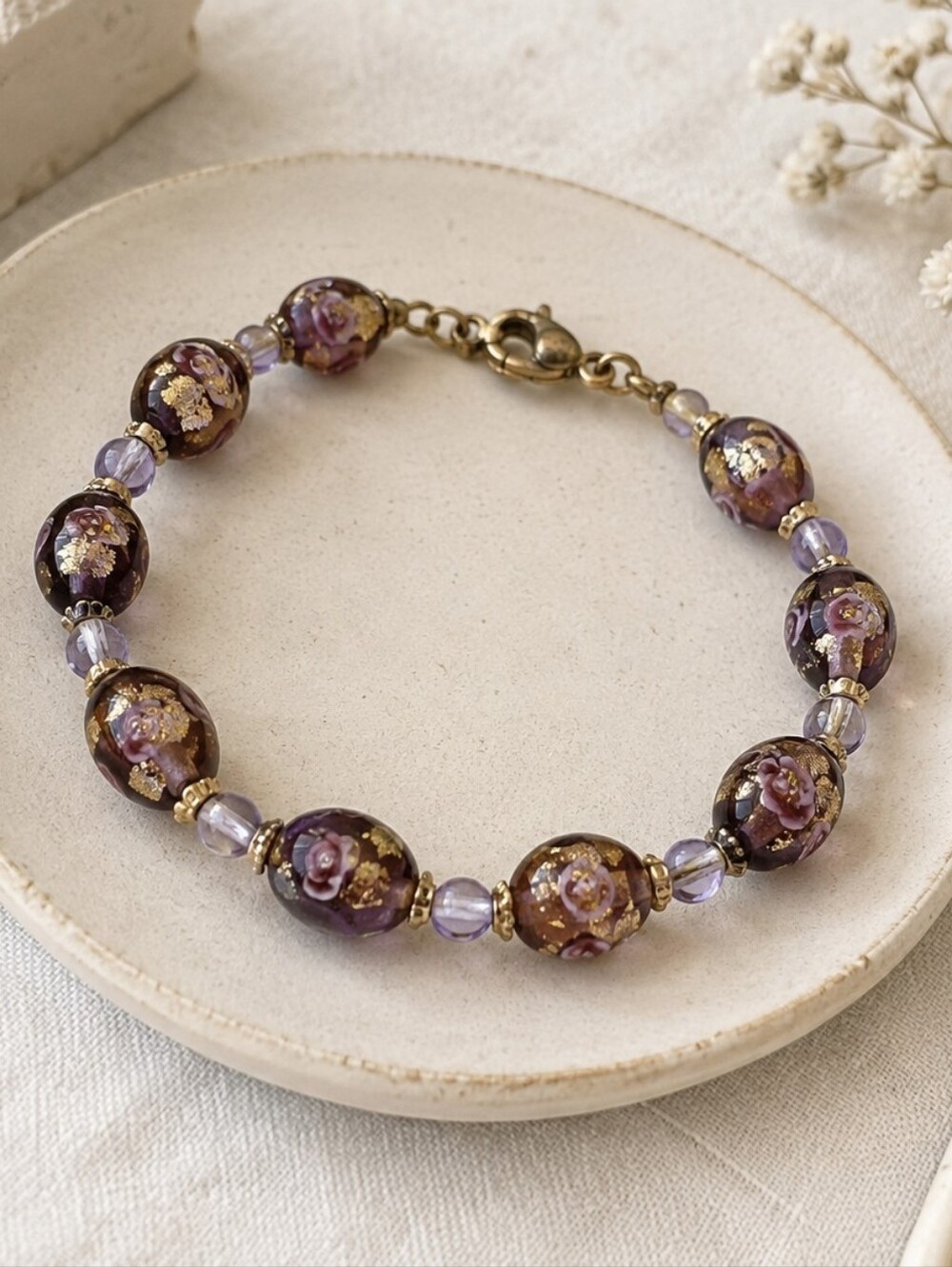 Vintage Italian Murano Purple Art Glass Gold Fleck Beaded Bracelet